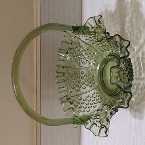 Vintage Fenton Hobnail Citrine Green Glass Basket